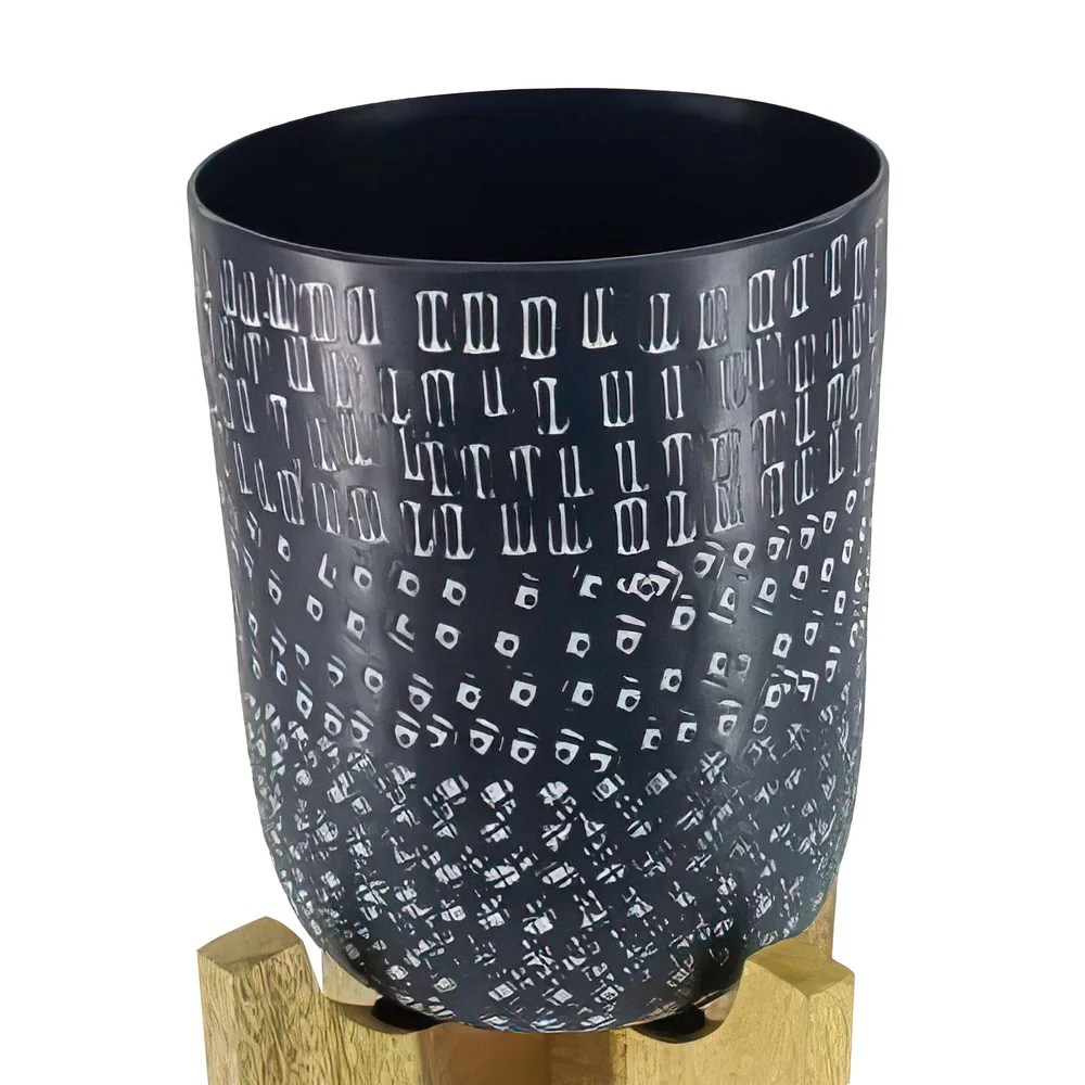 Alex 8" Round Metal Planter with Wood Stand - Industrial, Hammered, Blue, Succulent Pot, Indoor Outdoor Decor