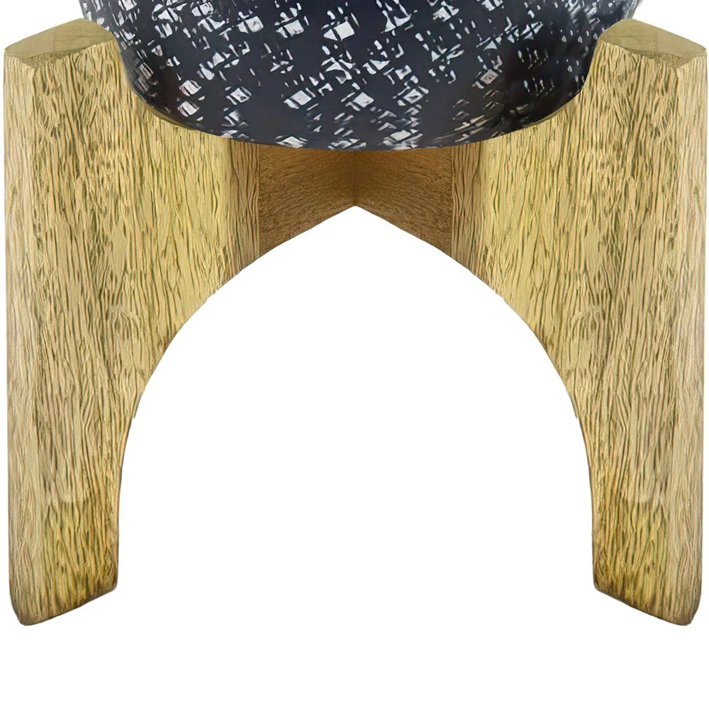 8" Round Metal Planter with Wood Stand - Industrial Farmhouse Decor - Midnight Blue