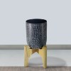 8" Round Metal Planter with Wood Stand - Industrial Farmhouse Decor - Midnight Blue