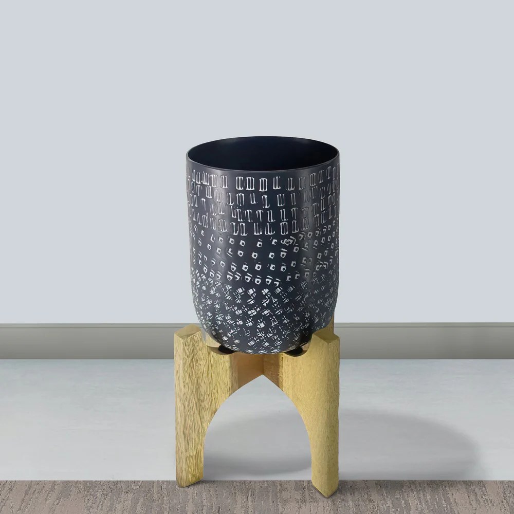 8" Round Metal Planter with Wood Stand - Industrial Farmhouse Decor - Midnight Blue