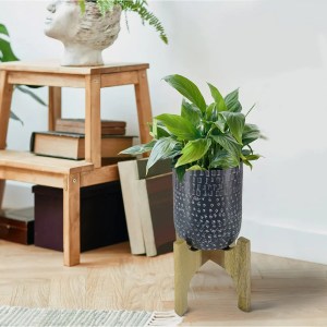 Alex 8" Round Metal Planter with Wood Stand - Industrial, Hammered, Blue, Succulent Pot, Indoor Outdoor Decor