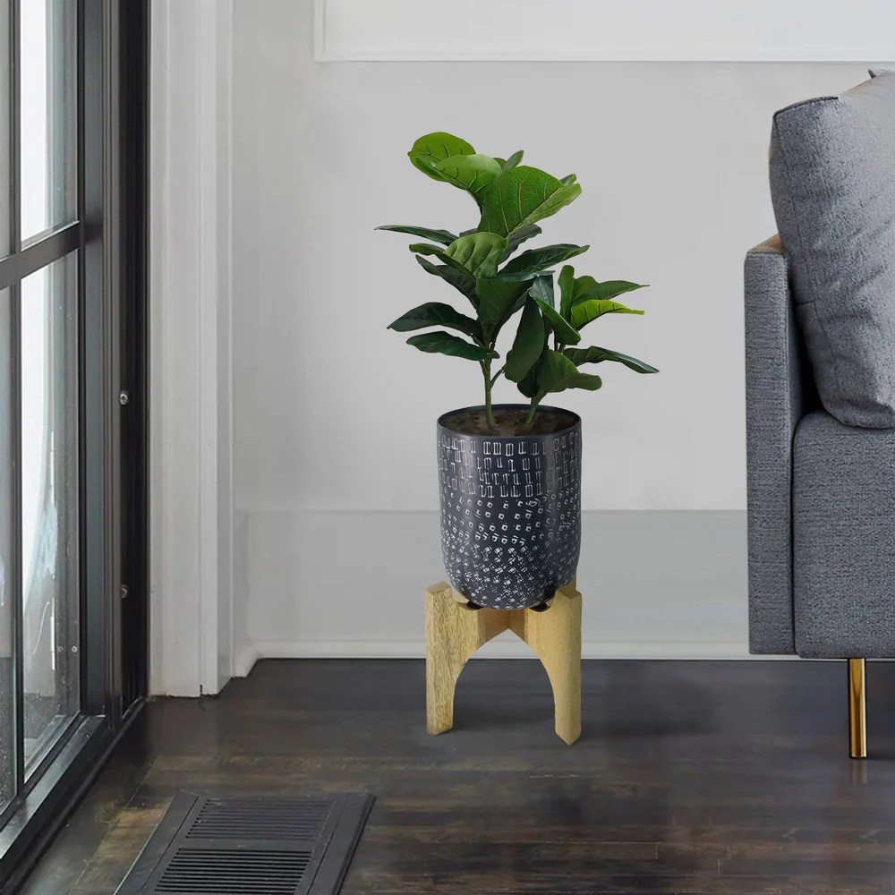 8" Round Metal Planter with Wood Stand - Industrial Farmhouse Decor - Midnight Blue