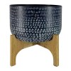 Alex 12" Round Metal Planter with Wood Stand - Hammered Blue Industrial Pot for Indoor/Outdoor Plants, Succulents