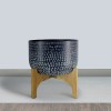 Alex 12" Round Metal Planter with Wood Stand - Hammered Blue Industrial Pot for Indoor/Outdoor Plants, Succulents