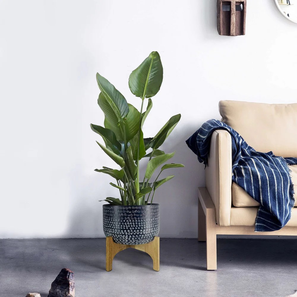Alex 12" Round Metal Planter with Wood Stand - Hammered Blue Industrial Pot for Indoor/Outdoor Plants, Succulents