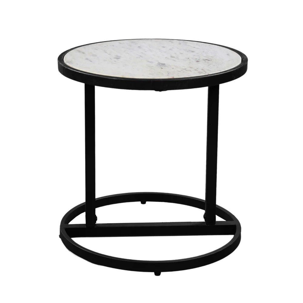 18" Round White Marble Top End Table, Black Iron Frame, Modern Side Table, Living Room Accent Table