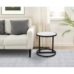 18" Round White Marble Top End Table, Black Iron Frame, Modern Side Table, Living Room Accent Table