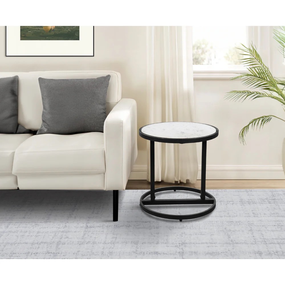 18" Round White Marble Top End Table, Black Iron Frame, Modern Side Table, Living Room Accent Table