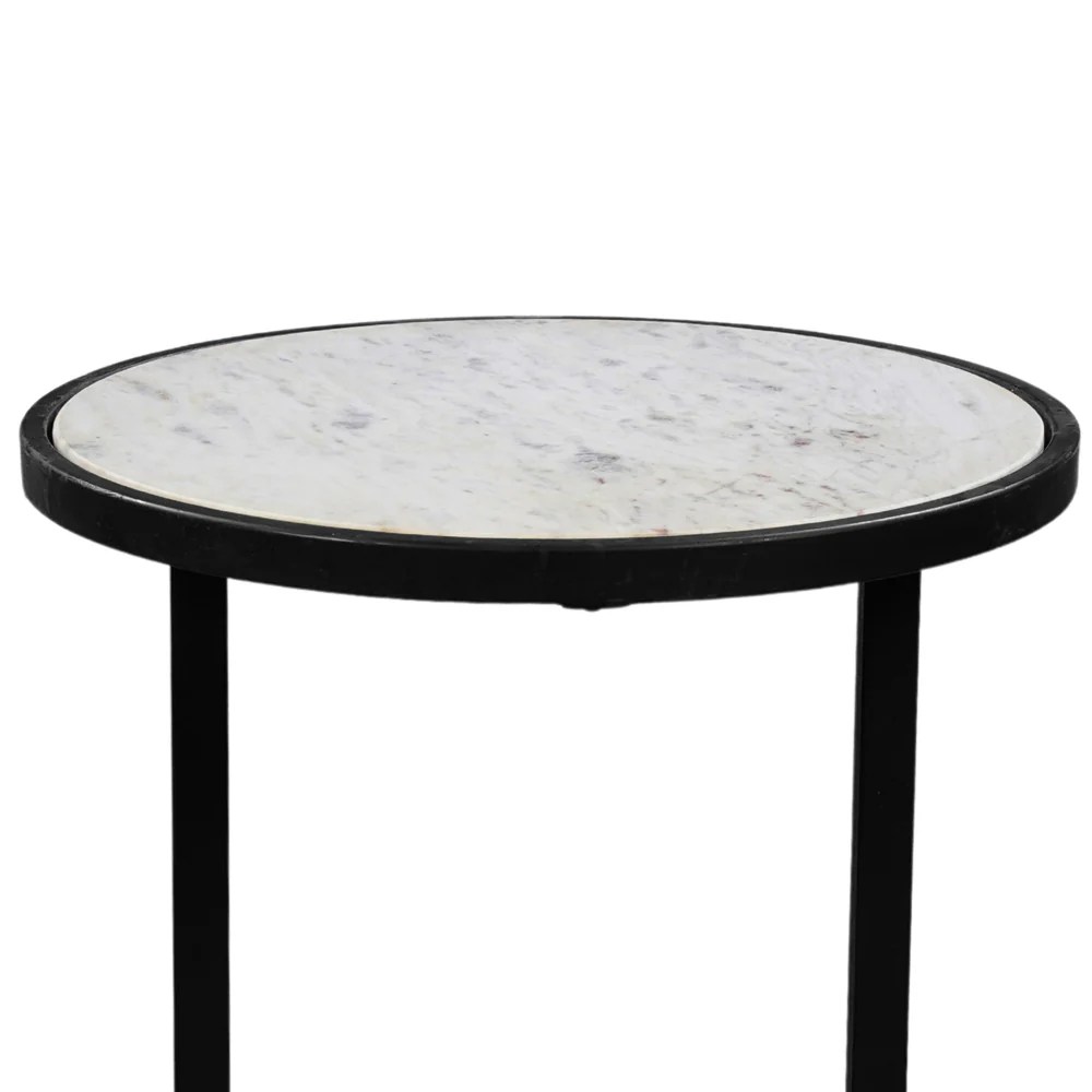 18" Round White Marble Top End Table, Black Iron Frame, Modern Side Table, Living Room Accent Table