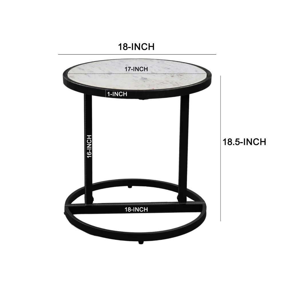 18" Round White Marble Top End Table, Black Iron Frame, Modern Side Table, Living Room Accent Table