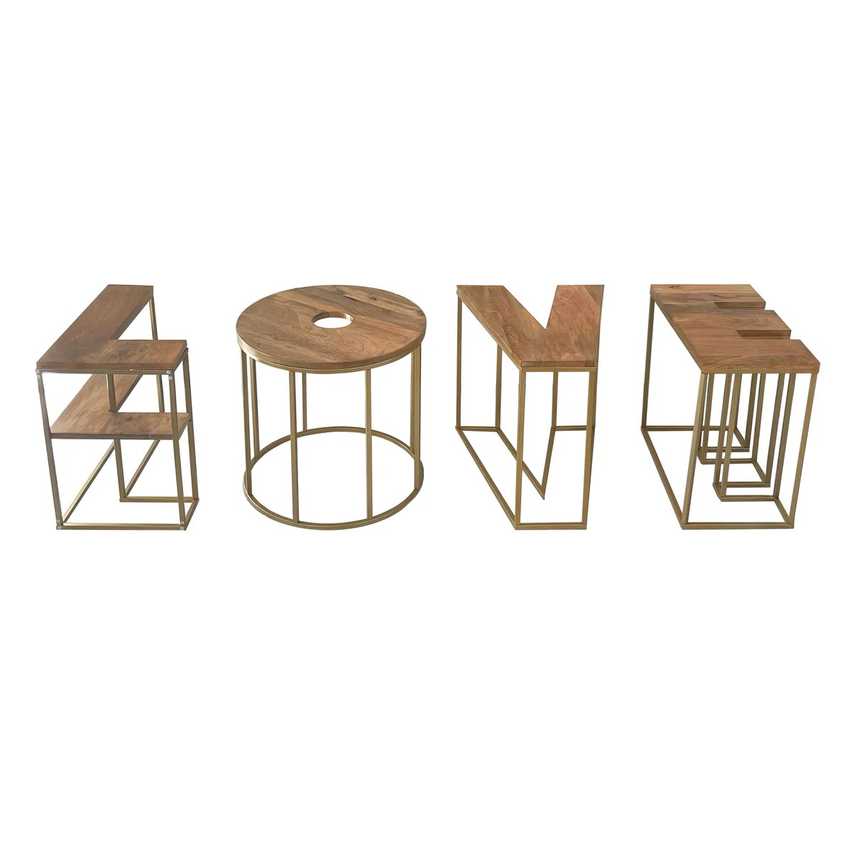 LOVE Coffee Table Set, 4-Piece Mango Wood & Brass, Modern Minimalist, 58.5"  Coffee Table Set with Open Shelves