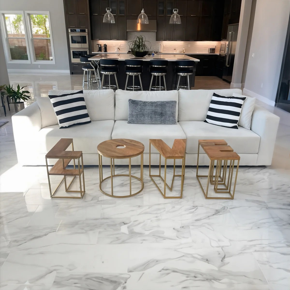 LOVE Coffee Table Set, 4-Piece Mango Wood & Brass, Modern Minimalist, 58.5"  Coffee Table Set with Open Shelves