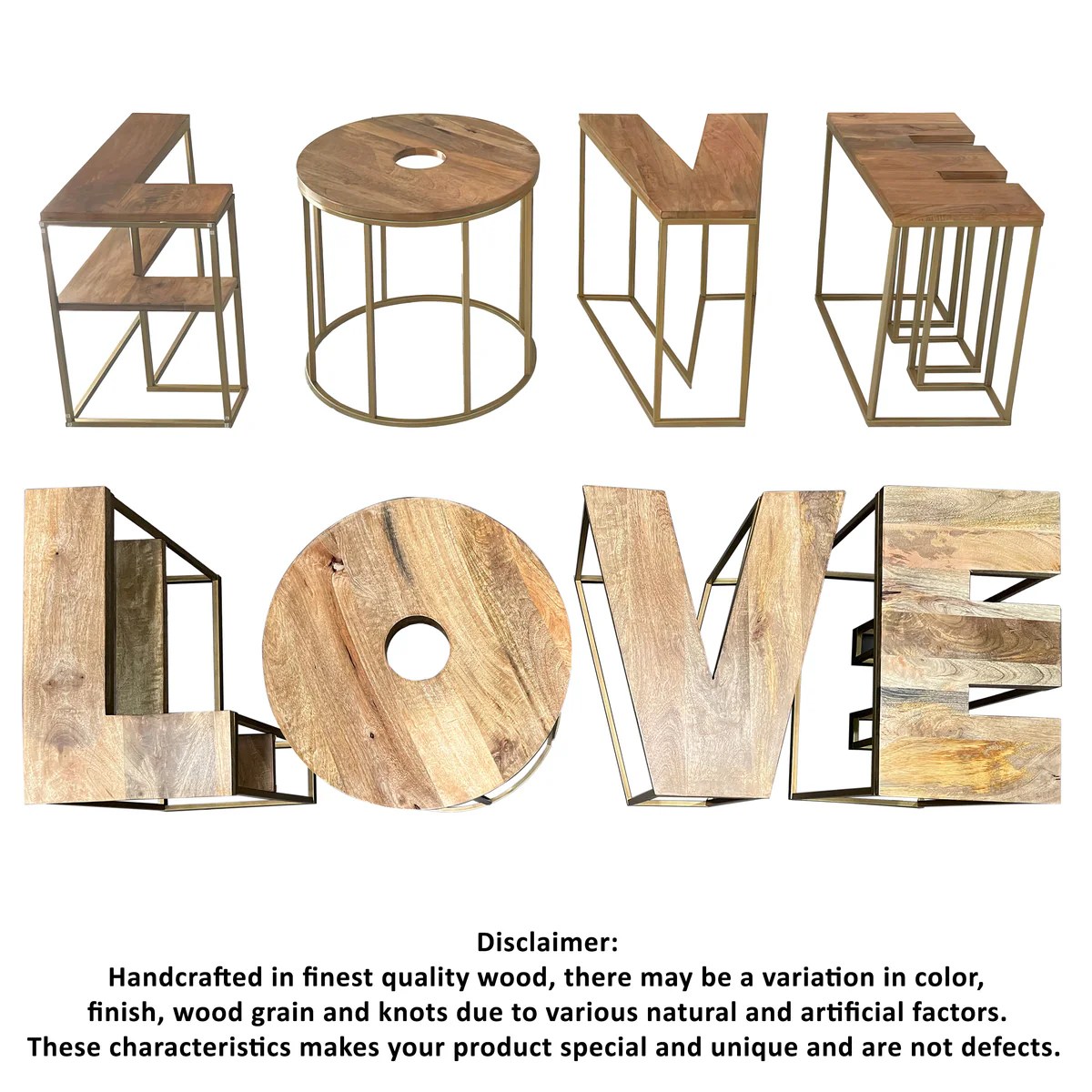 LOVE Coffee Table Set, 4-Piece Mango Wood & Brass, Modern Minimalist, 58.5"  Coffee Table Set with Open Shelves