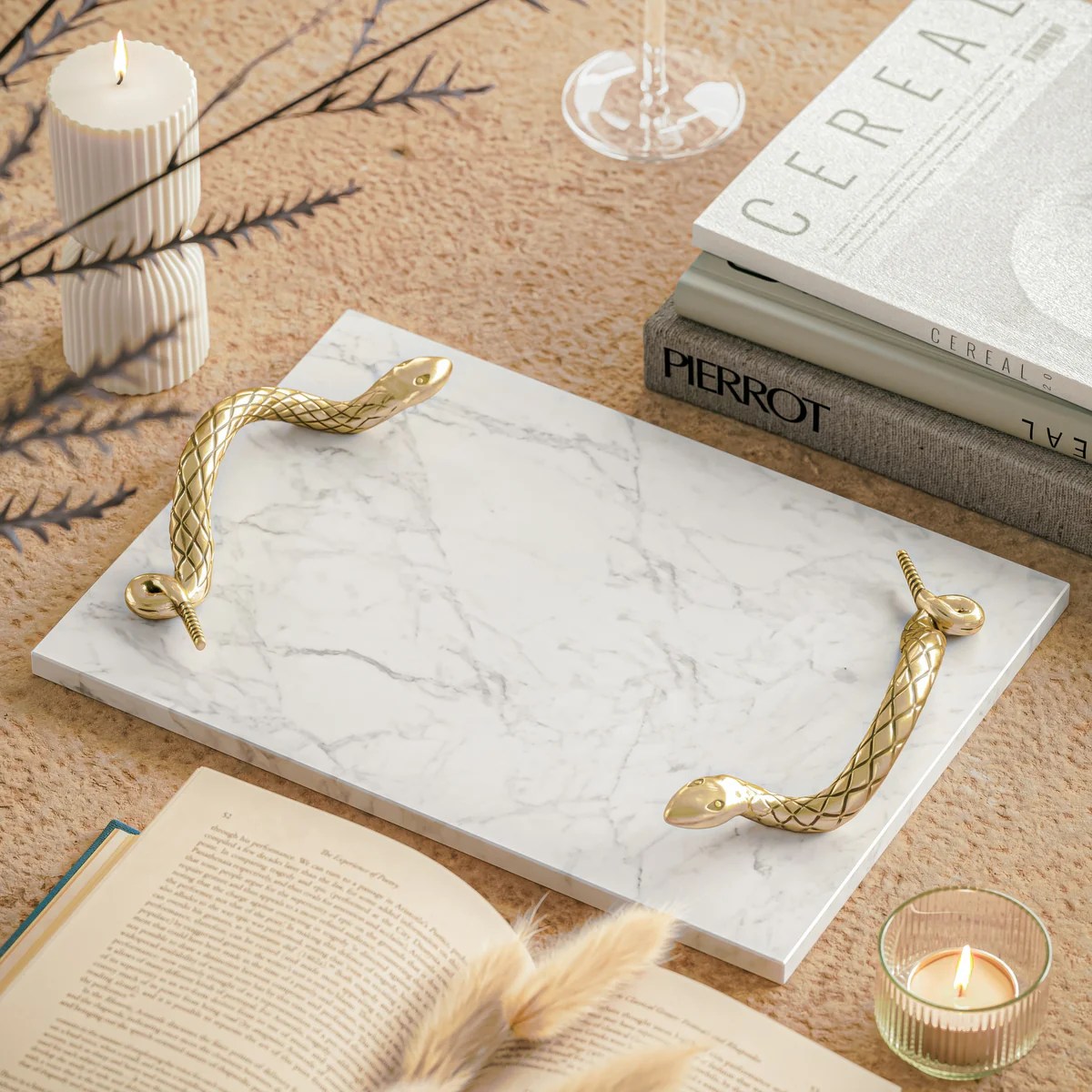 Luxury White Marble Cheese Board with Brass Snake Handles - Modern Serving Tray, Decorative Tray, Kitchen Countertop Decor
