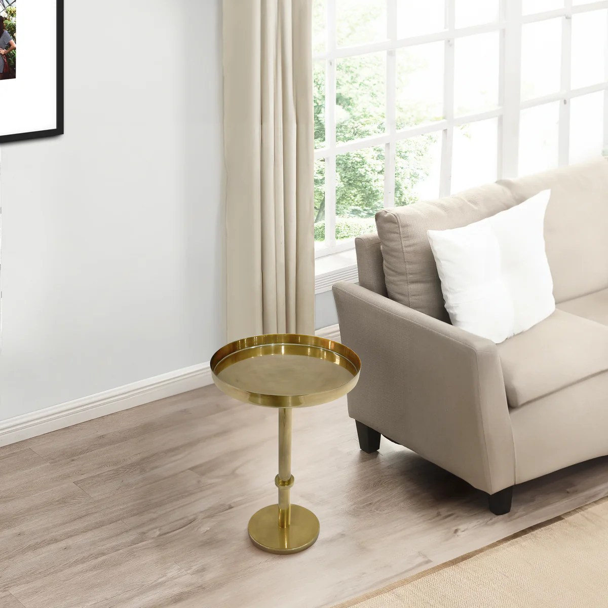 Ara 12" Vintage Brass Round Side End Table, Antique Iron, Small Space Accent Table, Oxidized Finish, 22"H