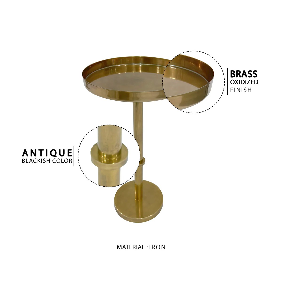 Ara 12" Vintage Brass Round Side End Table, Antique Iron, Small Space Accent Table, Oxidized Finish, 22"H