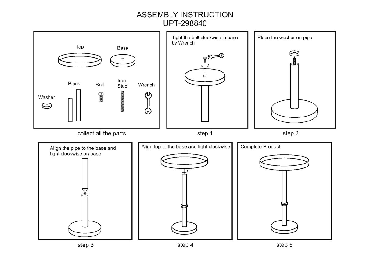 UPT-298840-Assembly-Instructions Ara 12" Matte Black Vintage Side End Table, Round Tray Top, Iron, Small Space Accent Table