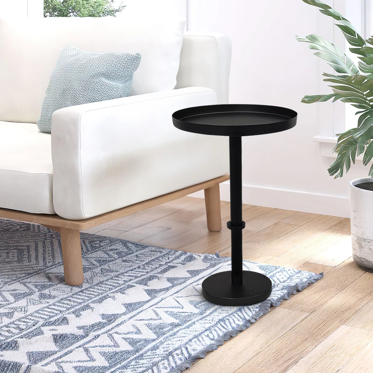 Ara 12" Matte Black Vintage Side End Table, Round Tray Top, Iron, Small Space Accent Table