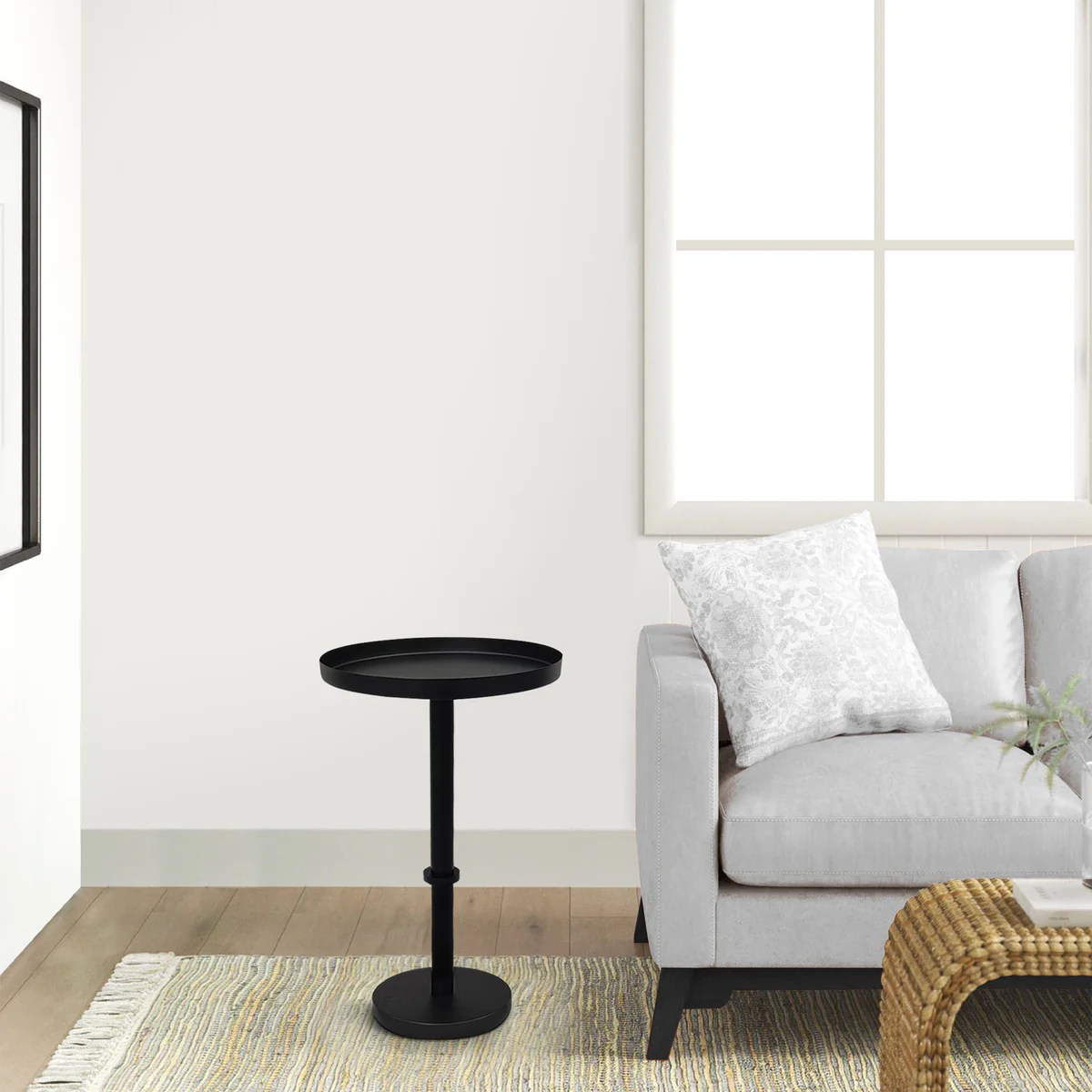 Ara 12" Matte Black Vintage Side End Table, Round Tray Top, Iron, Small Space Accent Table