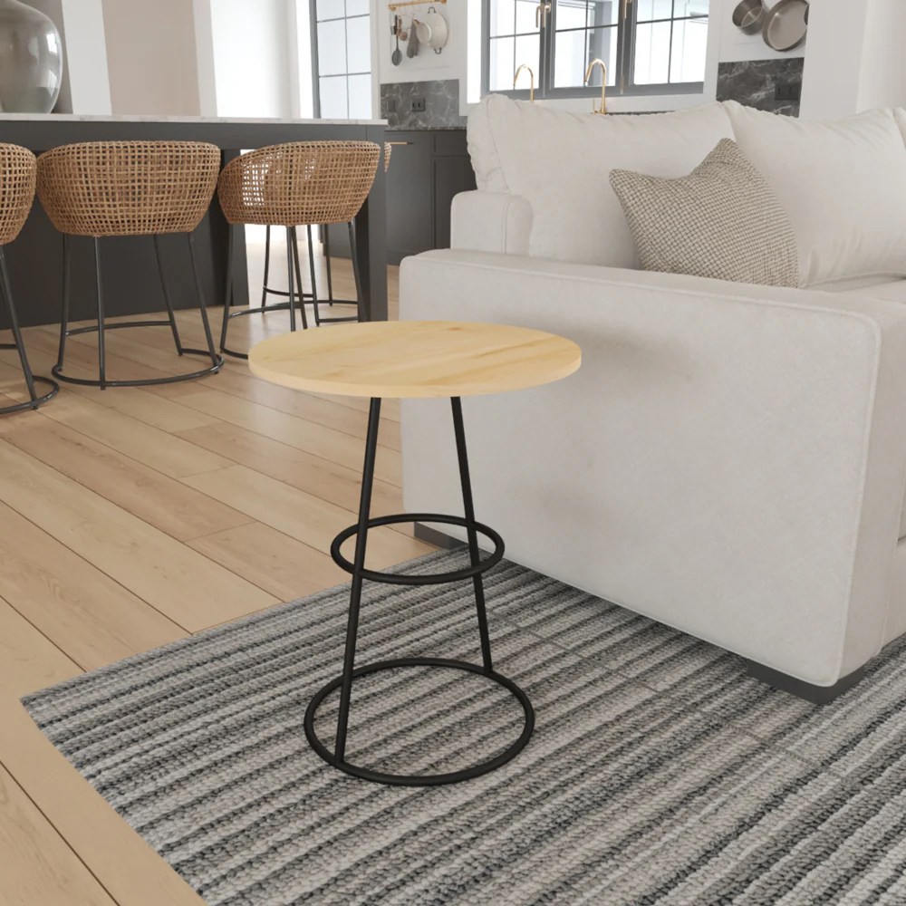 Amelia 20" Round Mango Wood Side Table, Black Iron Frame, End Table, Rustic Farmhouse, Coastal, Transitional, French Country, Industrial, Scandinavian Style