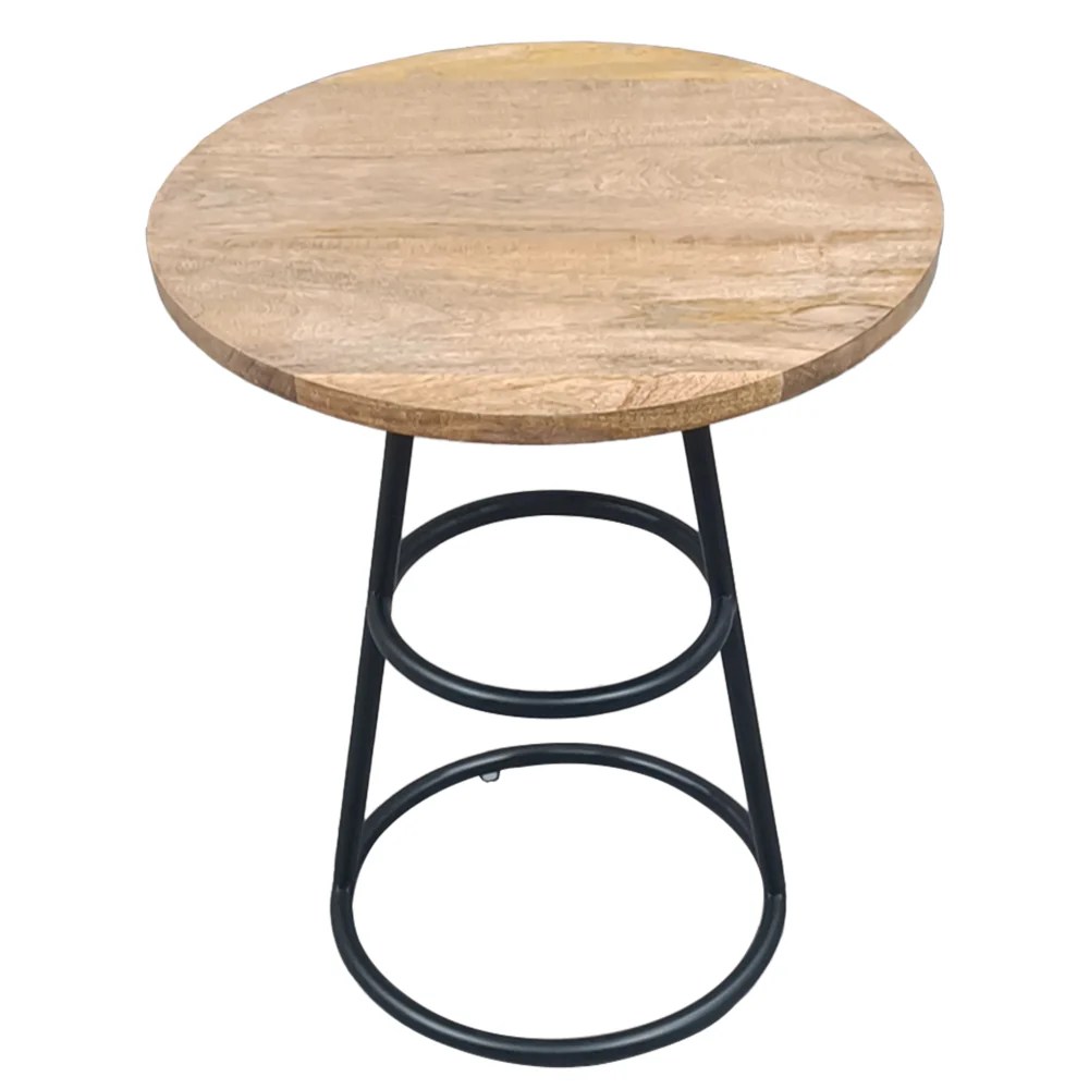 Amelia 20" Round Mango Wood Side Table, Black Iron Frame, End Table, Rustic Farmhouse, Coastal, Transitional, French Country, Industrial, Scandinavian Style