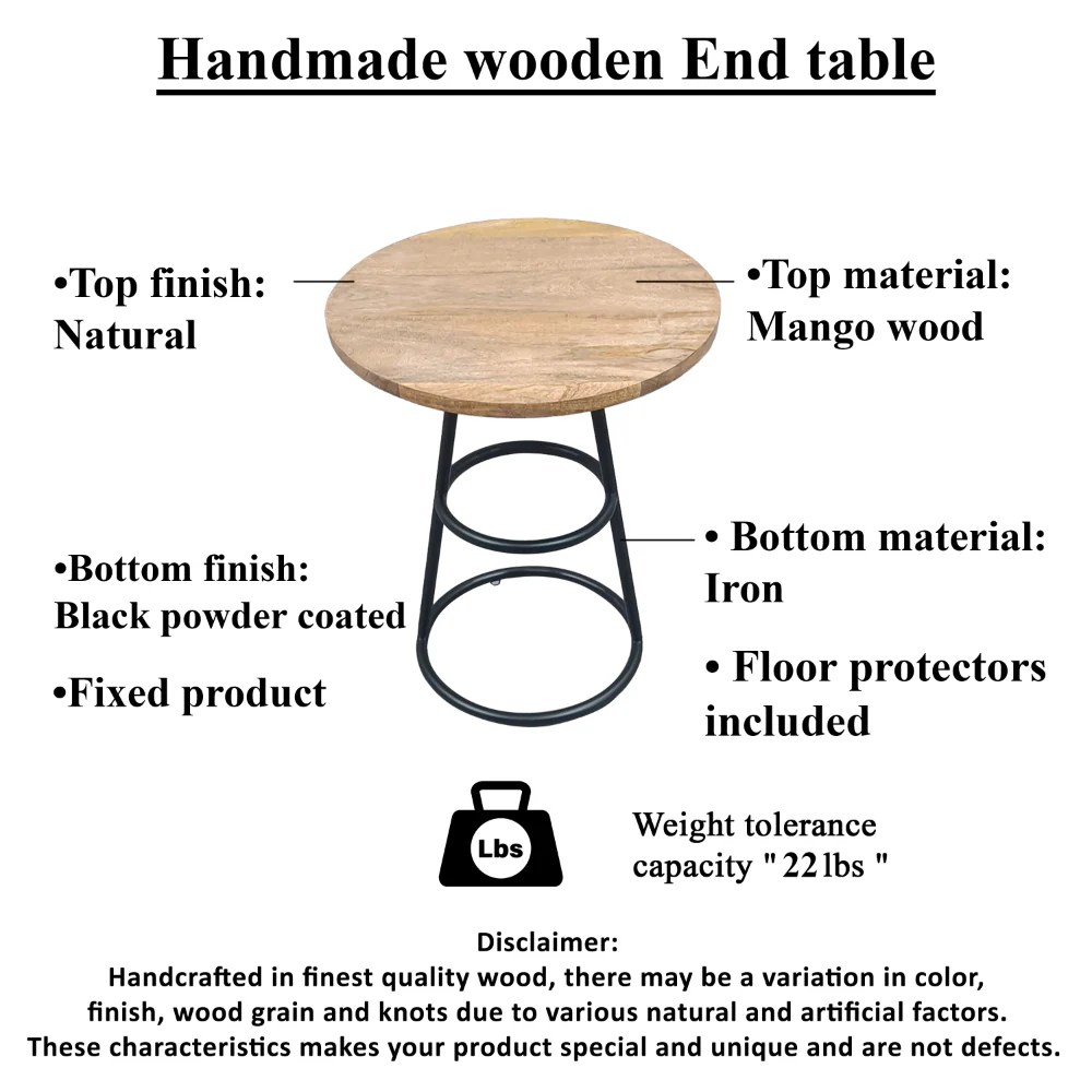 Amelia 20" Round Mango Wood Side Table, Black Iron Frame, End Table, Rustic Farmhouse, Coastal, Transitional, French Country, Industrial, Scandinavian Style