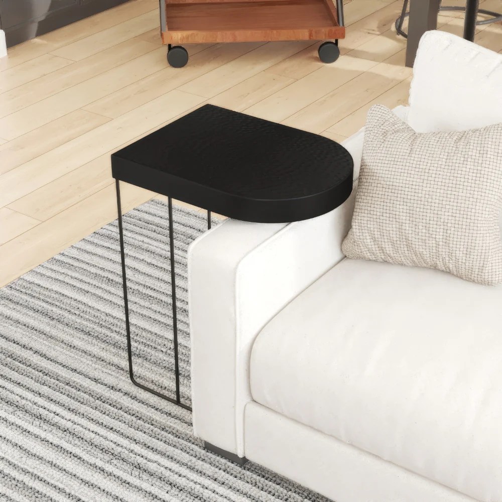 Modern End Table, Black Aluminum, 25 Inch, Hammered