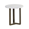 20" Round White Marble Top End Table, Natural Mango Wood, 3-Leg Sled Base, Modern Side Table