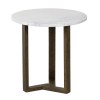 20" Round White Marble Top End Table, Natural Mango Wood, 3-Leg Sled Base, Modern Side Table