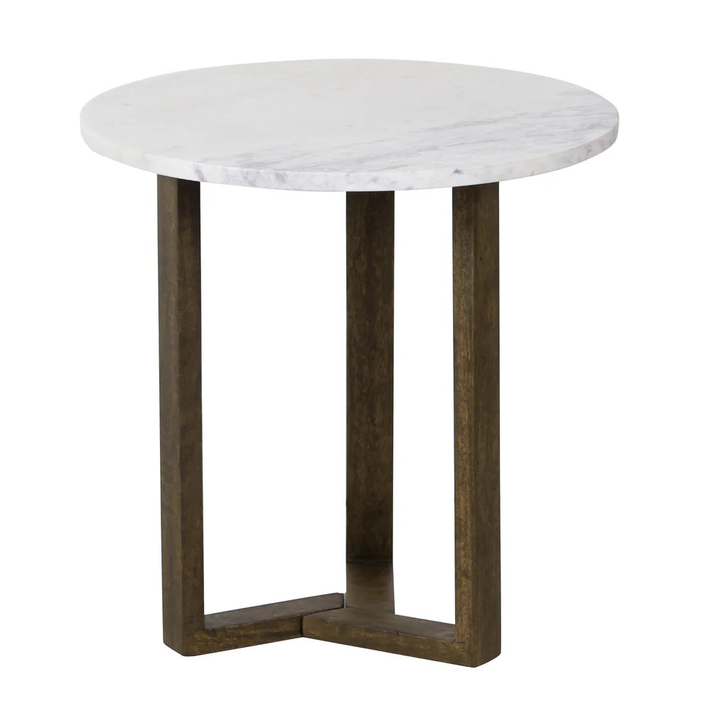 20" Round White Marble Top End Table, Natural Mango Wood, 3-Leg Sled Base, Modern Side Table