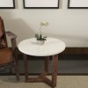 20" Round White Marble Top End Table, Natural Mango Wood, 3-Leg Sled Base, Modern Side Table