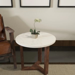 20" Round White Marble Top End Table, Natural Mango Wood, 3-Leg Sled Base, Modern Side Table