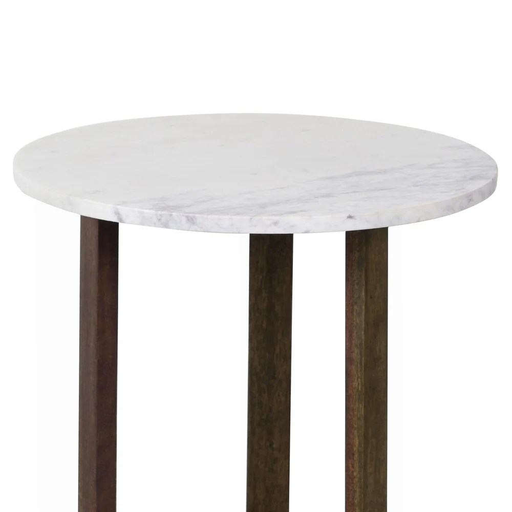 20" Round White Marble Top End Table, Natural Mango Wood, 3-Leg Sled Base, Modern Side Table