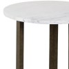 20" Round White Marble Top End Table, Natural Mango Wood, 3-Leg Sled Base, Modern Side Table