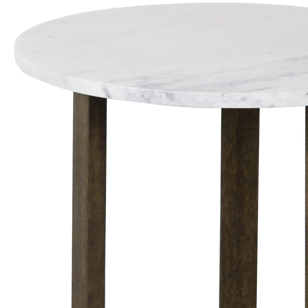 20" Round White Marble Top End Table, Natural Mango Wood, 3-Leg Sled Base, Modern Side Table