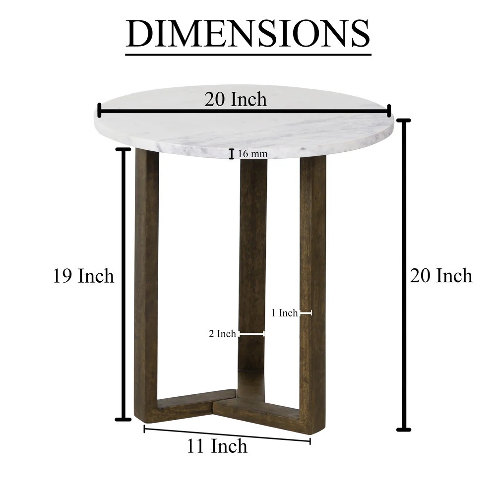 20" Round White Marble Top End Table, Natural Mango Wood, 3-Leg Sled Base, Modern Side Table