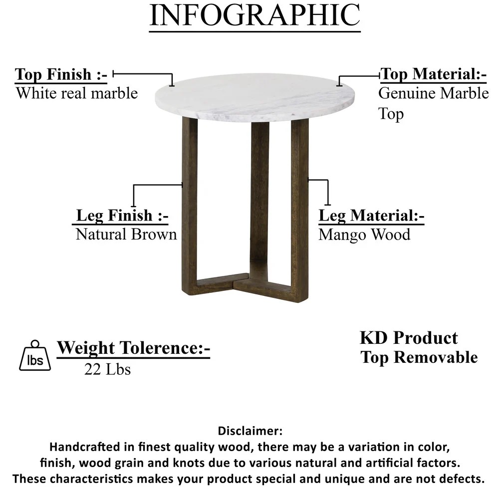 20" Round White Marble Top End Table, Natural Mango Wood, 3-Leg Sled Base, Modern Side Table