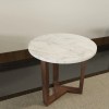 20" Round White Marble Top End Table, Natural Mango Wood, 3-Leg Sled Base, Modern Side Table