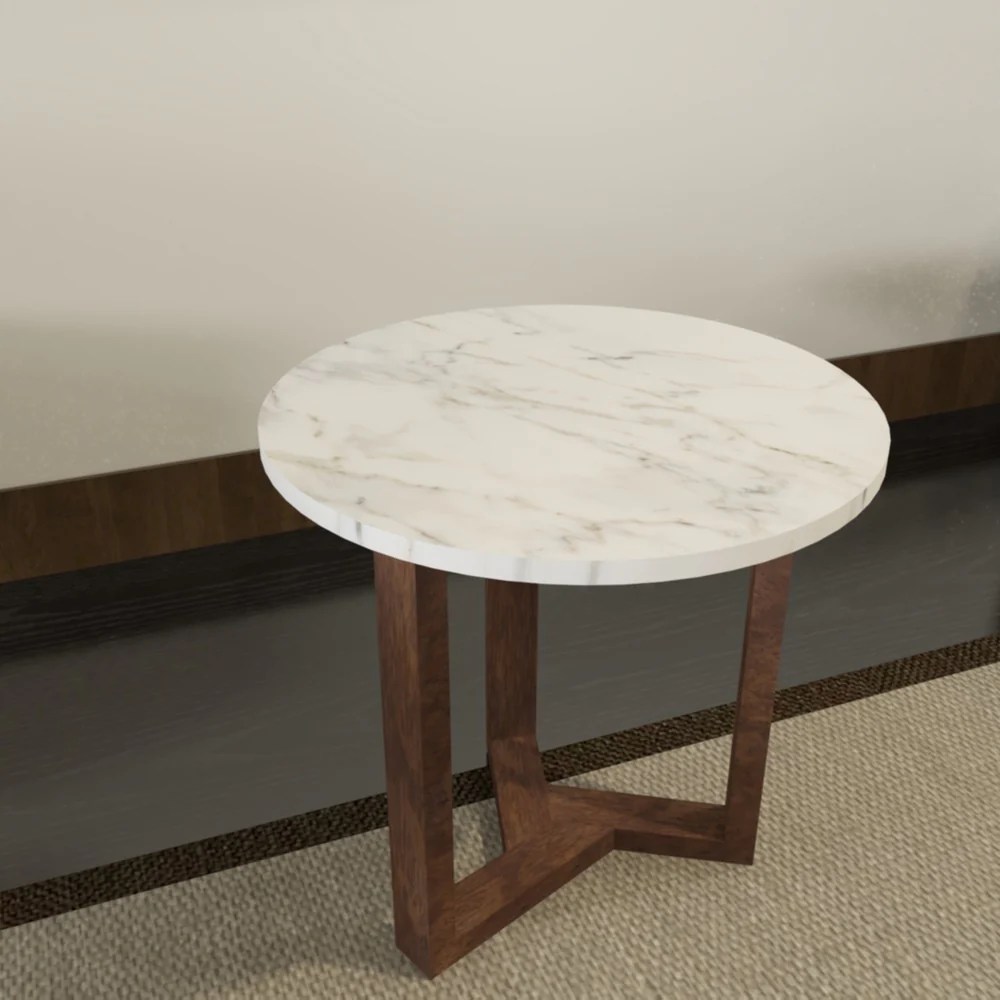20" Round White Marble Top End Table, Natural Mango Wood, 3-Leg Sled Base, Modern Side Table