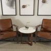 20" Round White Marble Top End Table, Natural Mango Wood, 3-Leg Sled Base, Modern Side Table