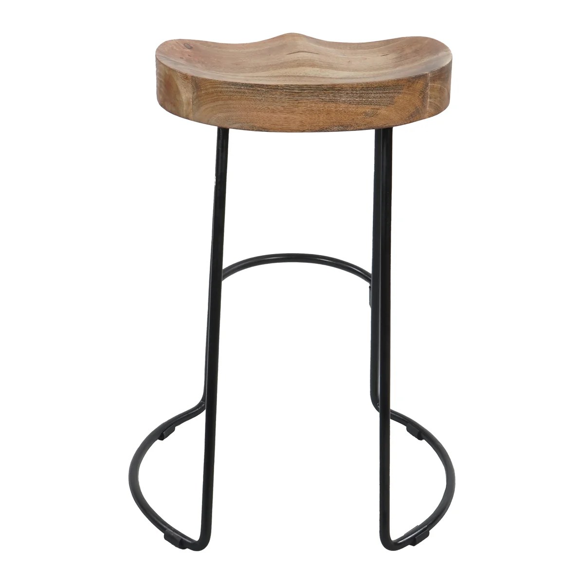 30" Rustic Mango Wood Counter Height Bar Stool - Black Iron Legs, Saddle Seat, Backless, Industrial Farmhouse