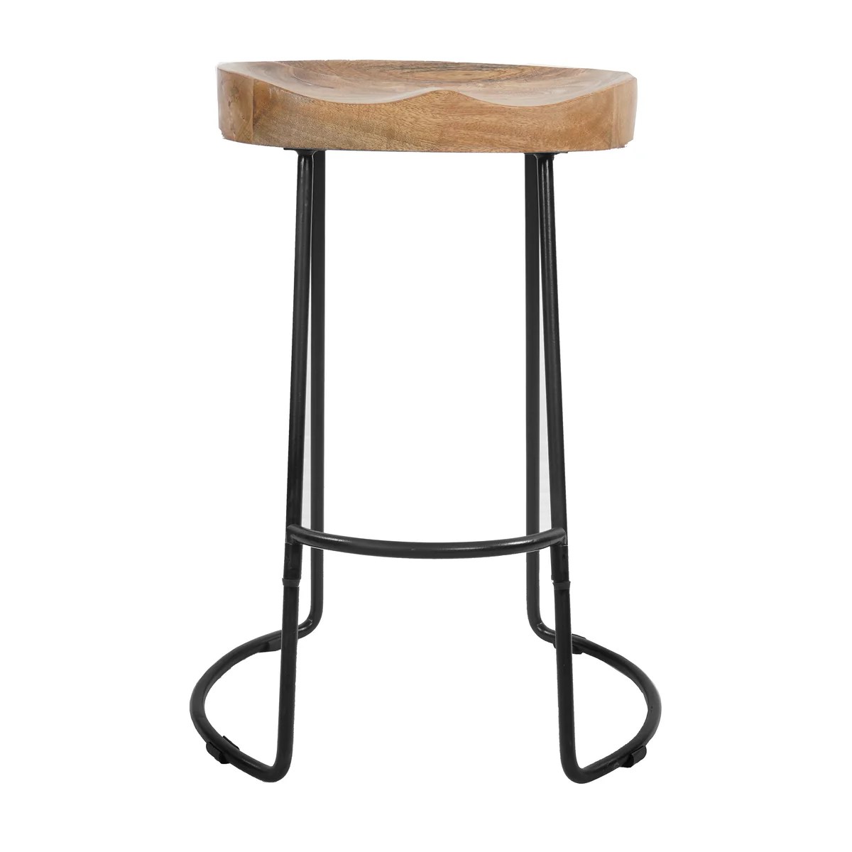 30" Rustic Mango Wood Counter Height Bar Stool - Black Iron Legs, Saddle Seat, Backless, Industrial Farmhouse