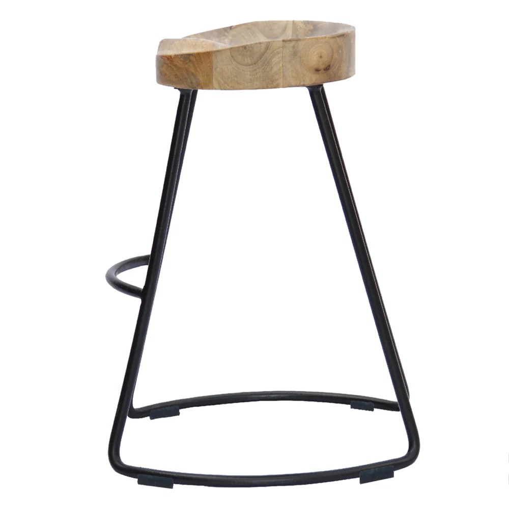 Brown & Black Mango Wood Saddle Bar Stool with Metal Legs - Industrial Kitchen Counter Height Chair
