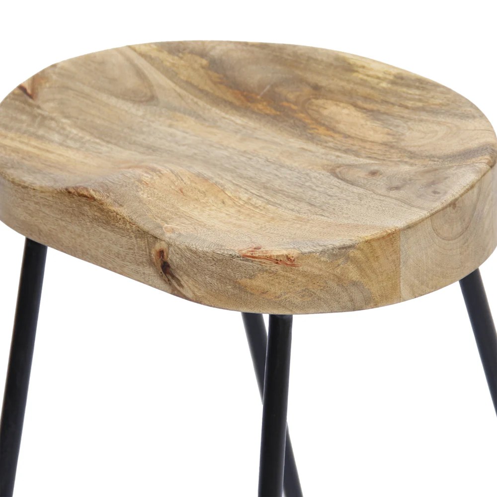 Brown & Black Mango Wood Saddle Bar Stool with Metal Legs - Industrial Kitchen Counter Height Chair