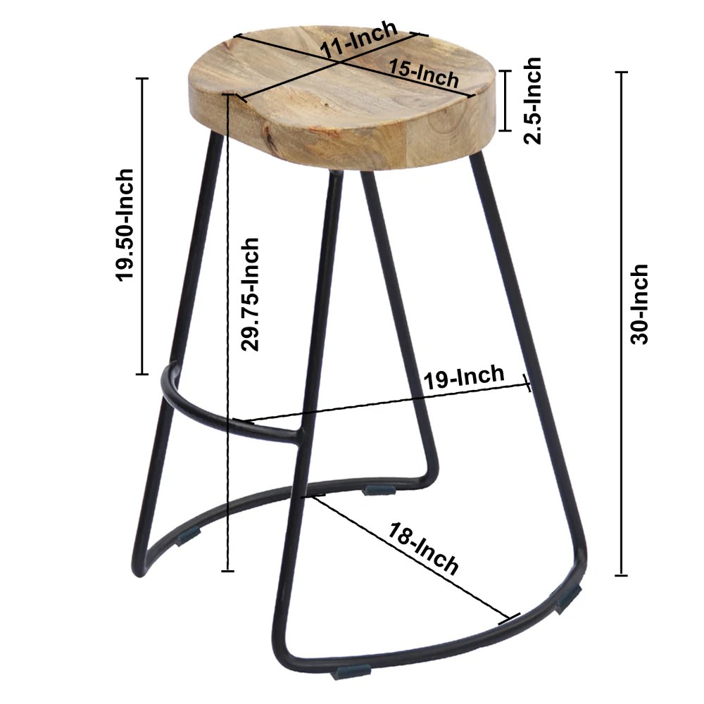 Brown & Black Mango Wood Saddle Bar Stool with Metal Legs - Industrial Kitchen Counter Height Chair