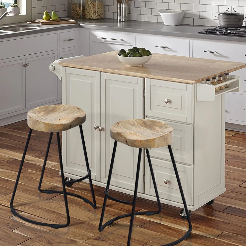 Brown & Black Mango Wood Saddle Bar Stool with Metal Legs - Industrial Kitchen Counter Height Chair