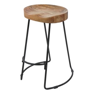 Mango Wood Counter Height Stool 24", Industrial Saddle Seat, Iron Frame, Brown and Black