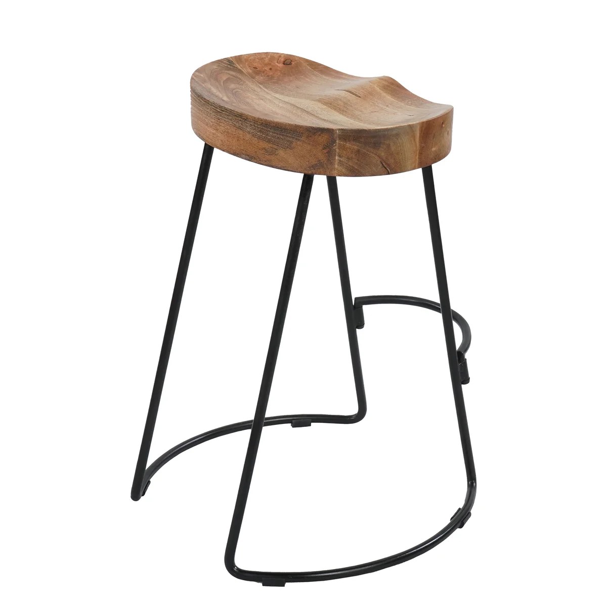 Mango Wood Counter Height Stool 24", Industrial Saddle Seat, Iron Frame, Brown and Black