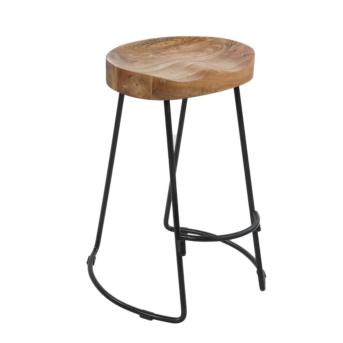 Mango Wood Counter Height Stool 24", Industrial Saddle Seat, Iron Frame, Brown and Black