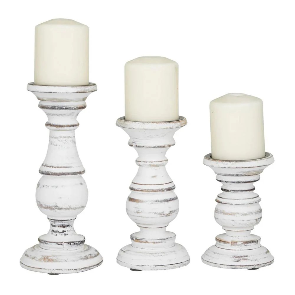 Distressed White Wooden Candle Holders, Farmhouse Style, Set of 3, Mango Wood, Pillar Candle Holders, Rustic Decor